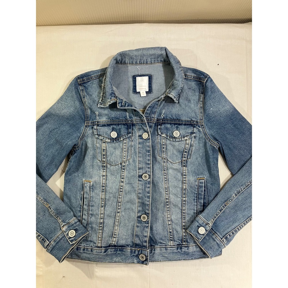 LC Lauren Conrad Womens Medium Wash Distressed Denim Trucker Jacket XS Blue